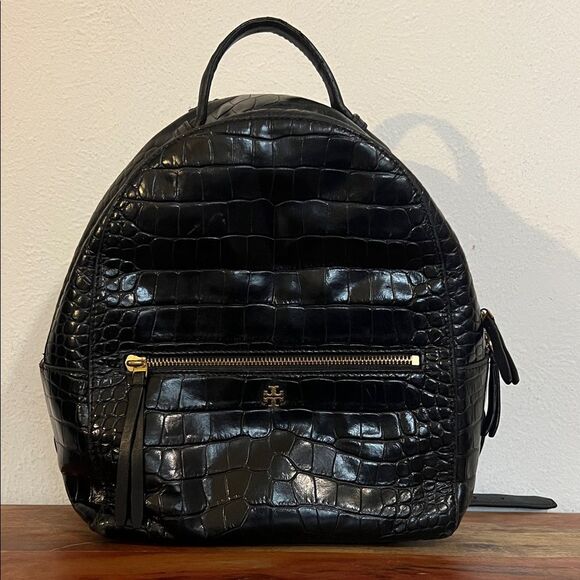 Tory Burch Croc Embossed Black Leather Mini Backpack Purse Gold Logo Casual Luxe main image 14
